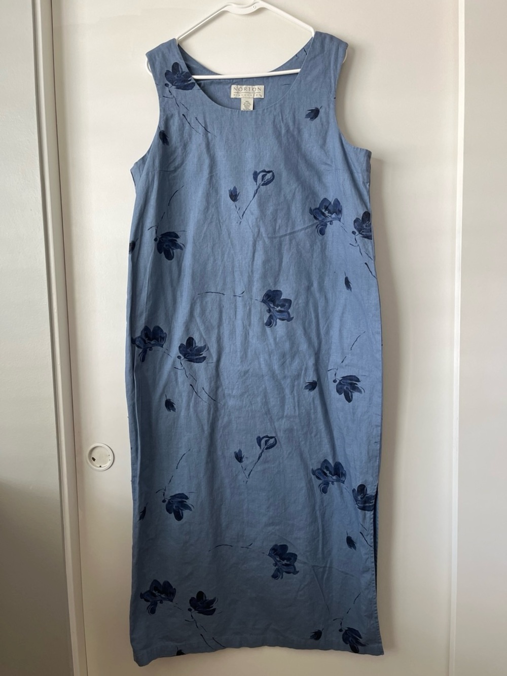 Blue Floral Linen and Cotton Blend Dress